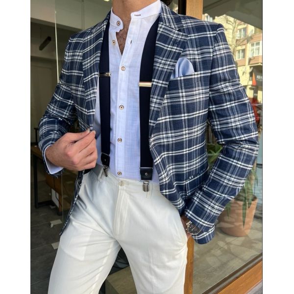 65% Viscose 32% Pes 3% Elastane Male Suit Jacket Dark Blue Plaid Blazer