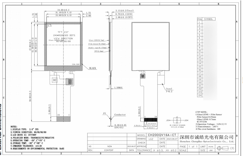 4 Line 8bits SPI 240x320 TFT LCD Screen 2 Inch Free Viewing Angle With I2C PCAP TP