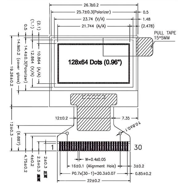 0.96 Inch OLED Display Module 128x64 White Monochrome LCD Monitor For Wearables / IoT