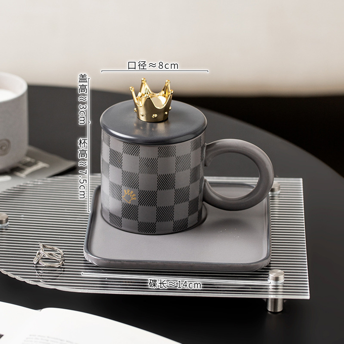 National Trend Style Checkered Ceramic Cups And Plates With LIDS, Spoons, Large Round Handles, Mugs, Office Coffee Cups, And Home Drinking Cups Custom