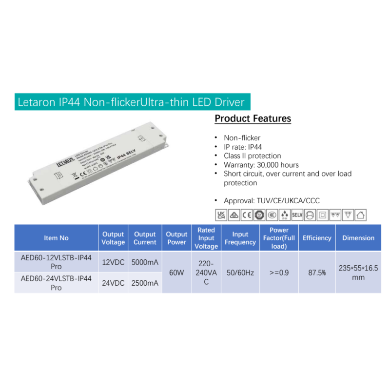 Bespoke LED Driver Provider LED Mirror Cabinet Power Supply Class II 60W IP44 Flicker-free Letaron LED Driver for Mirror LED Strip Light