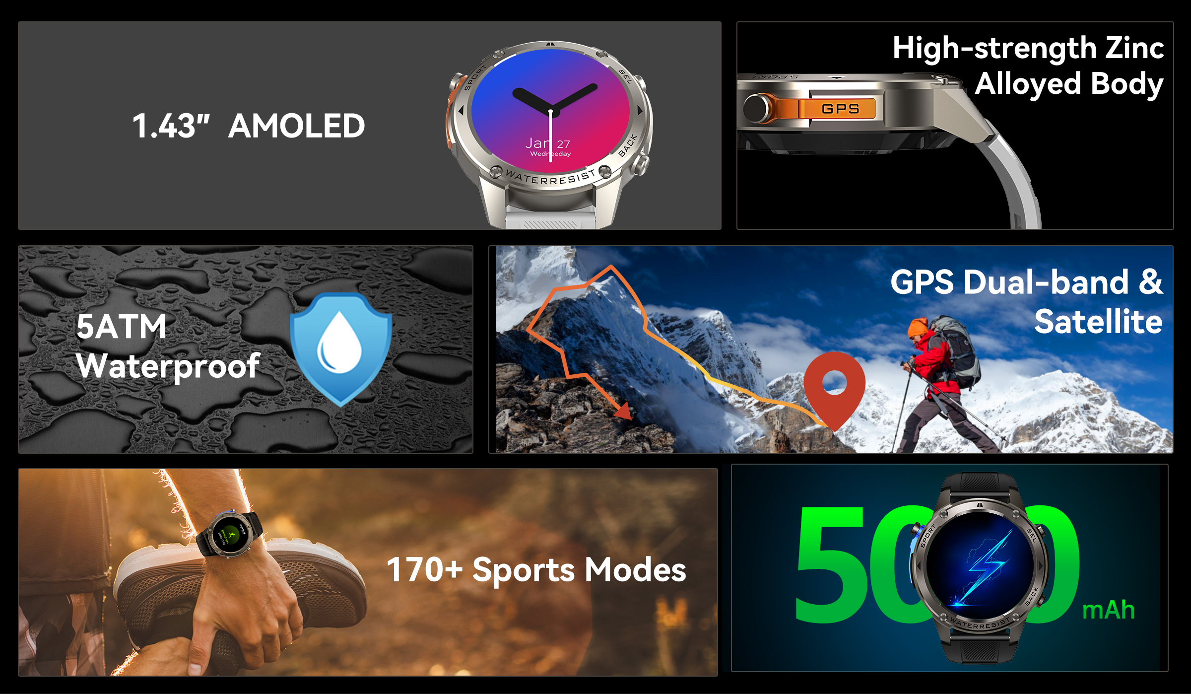 5ATM Waterproof GPS Smart Watch with 1.43" AMOLED Display & ATS3085L Chip