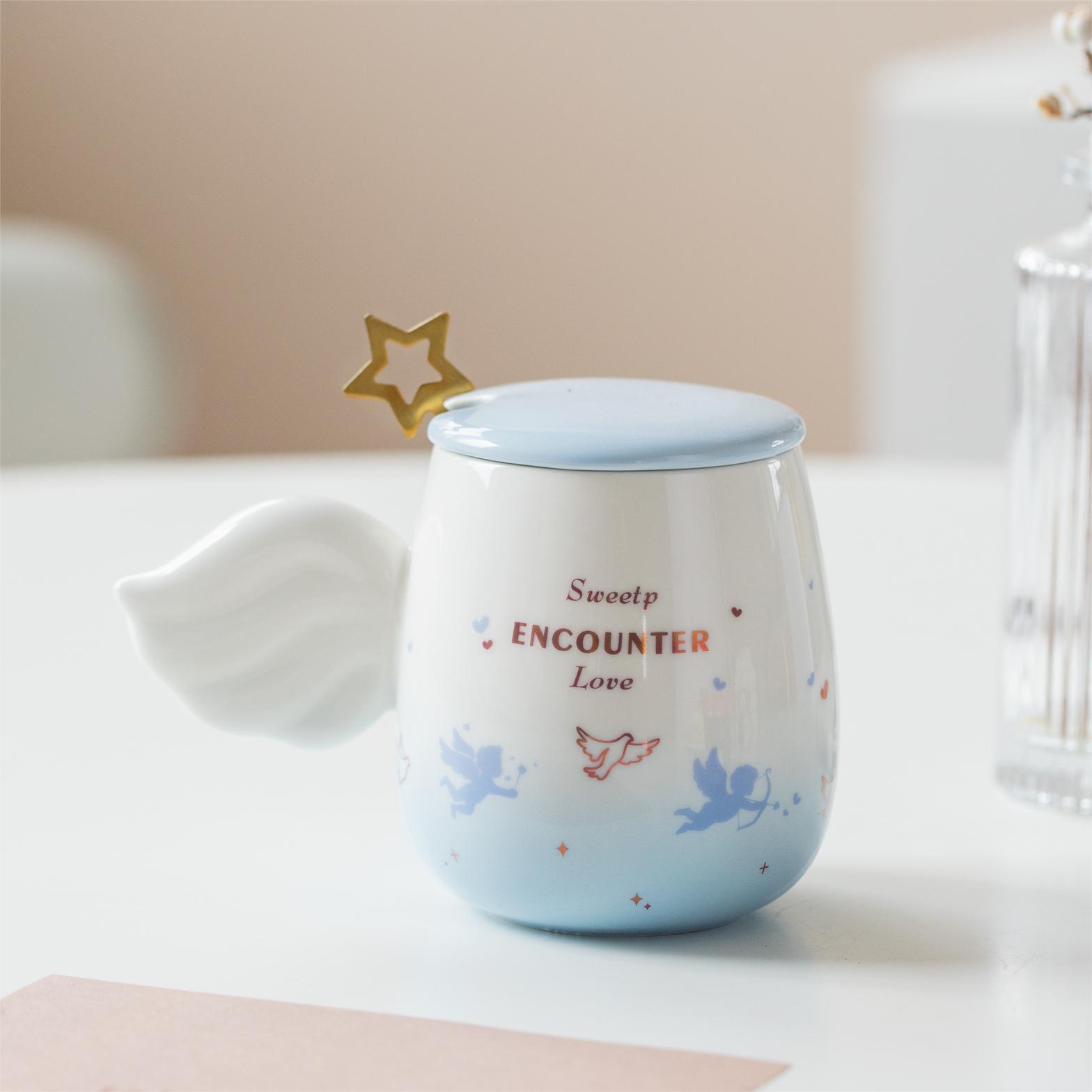 Angel Wings Romantic Cupid Couple Cup Gradient Ceramic Cartoon mug with lid spoon for men and women flower tea cup