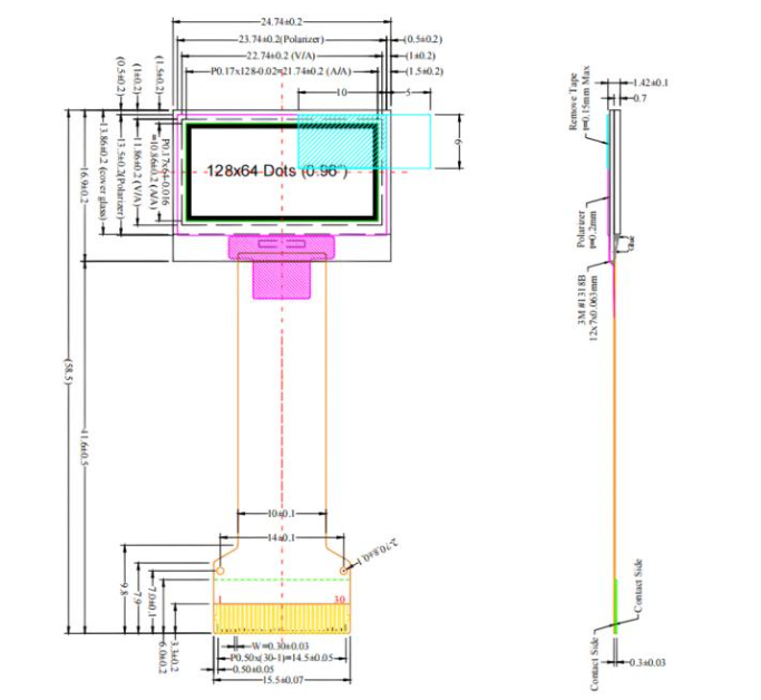 0.96 inch OLED display panel technical diagram showing dimensions and connector details