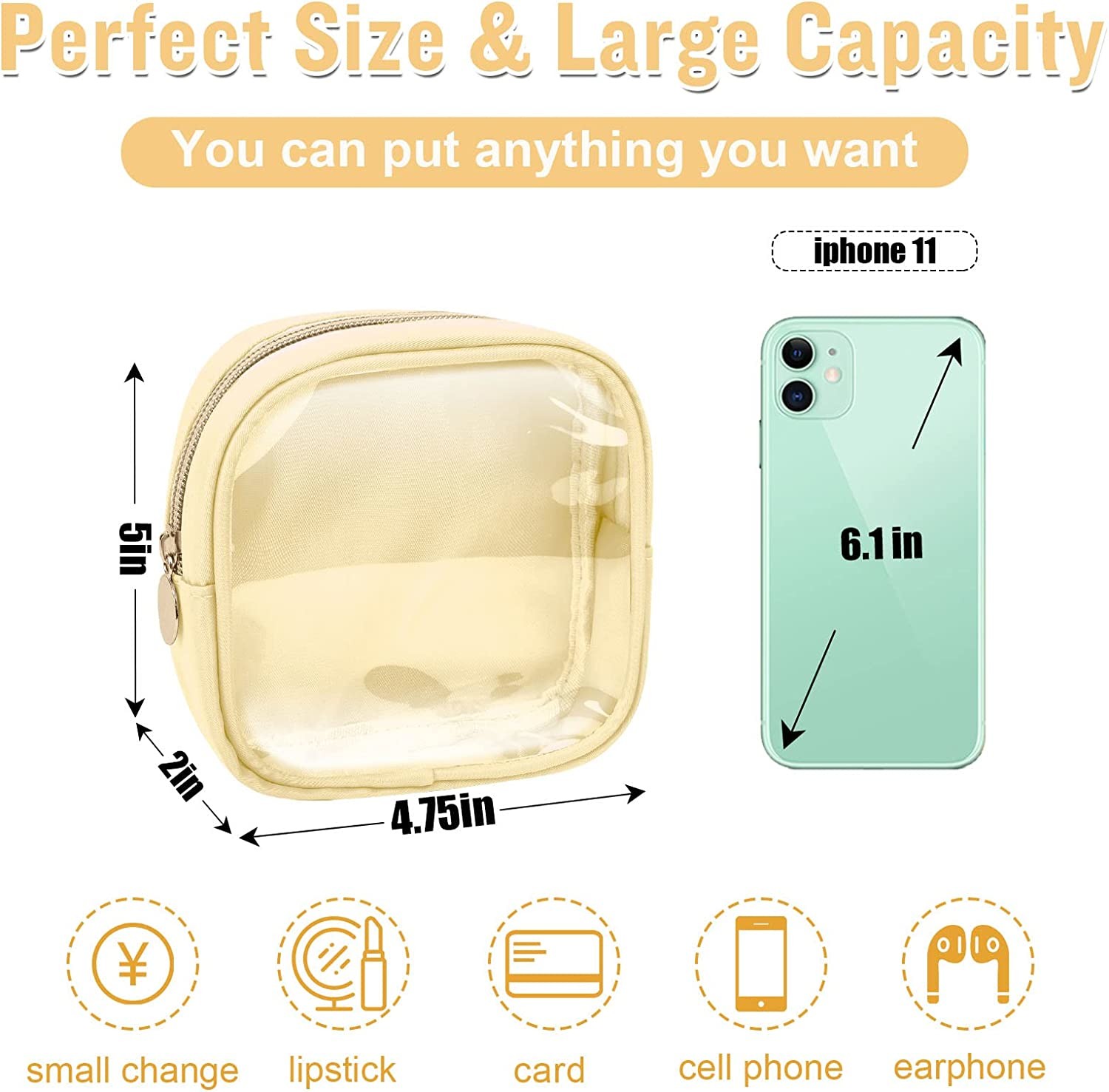 Lightweight and waterproof Small Cute Makeup Bag Preppy Cosmetic Zipper Pouch Purse, Transparent