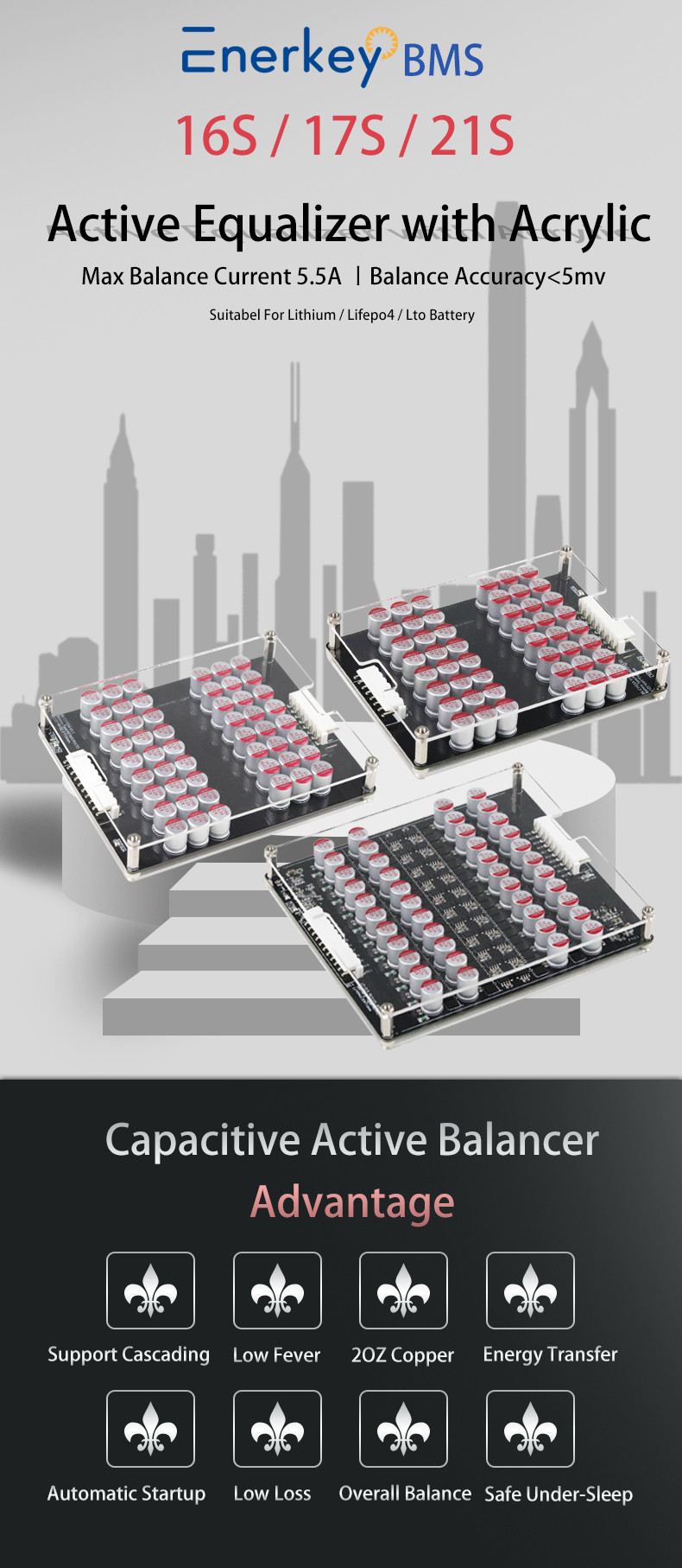 Enerkey Electric Vehicle Active Balancer 5A 13S 14S 15S 16S 17S Li-ion/Lto/Lifepo4 Battery Equalizer with Acrylic Case