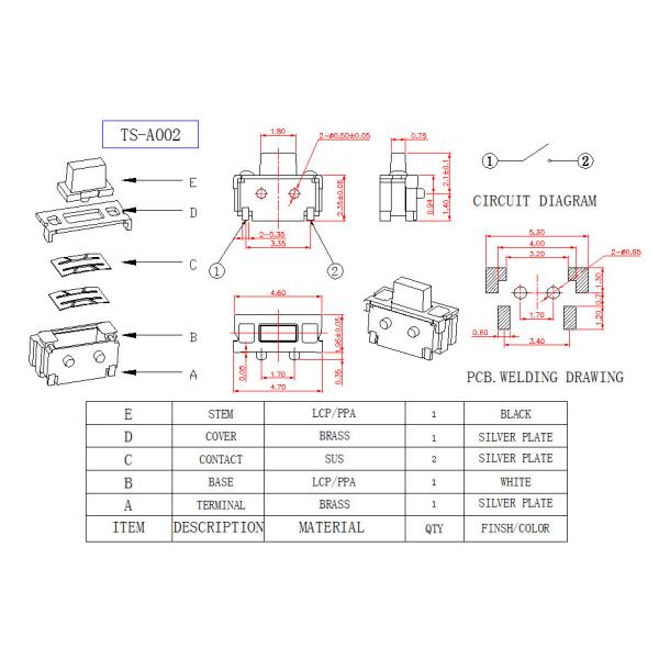 Micro Right Angle Tactile Switch , PCB Mount Push Button Switch 2.5X7 Mm