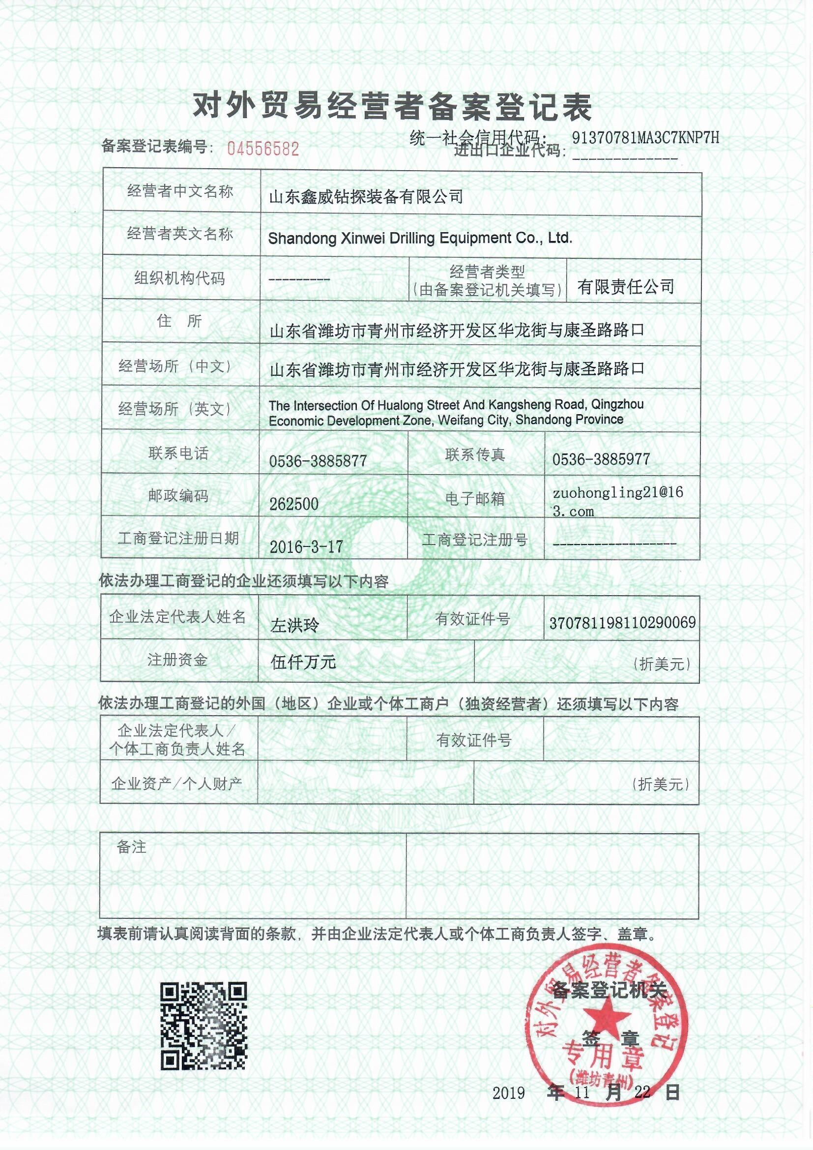 Shandong Xinwei Drilling Equipment Co., Ltd. Certifications