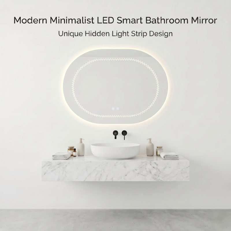 Kingstin Invisible LED Strip Bathroom Mirror, Smart Touch Oval Frameless Mirror, 3000K-6000K Dimmable Vanity Mirror