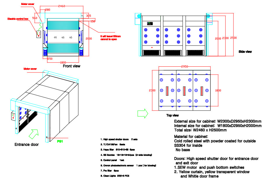 Power Coated Steel Clean Room Air Shower Tunnel With High Speed Rolling Automatic Opening Shutter