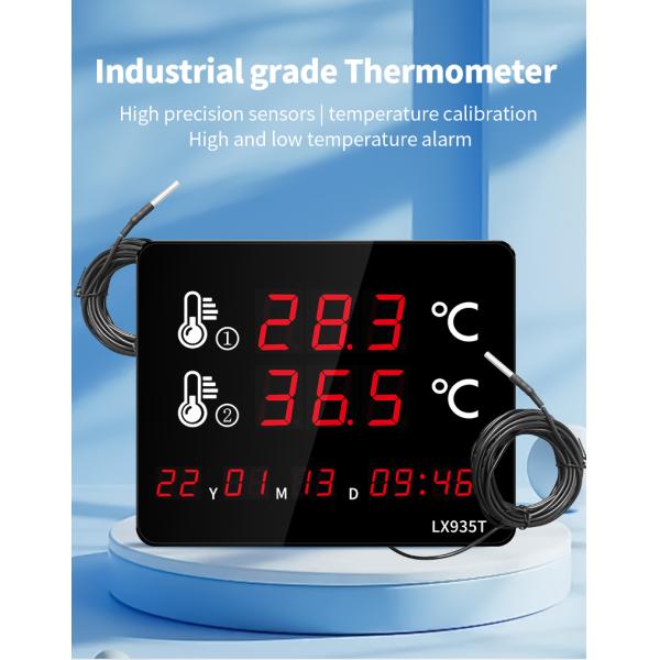 Professional Digital Thermometer LX935T with Dual External Probes Large LED Screen for Pool Sauna Aquarium Home Industrial Use
