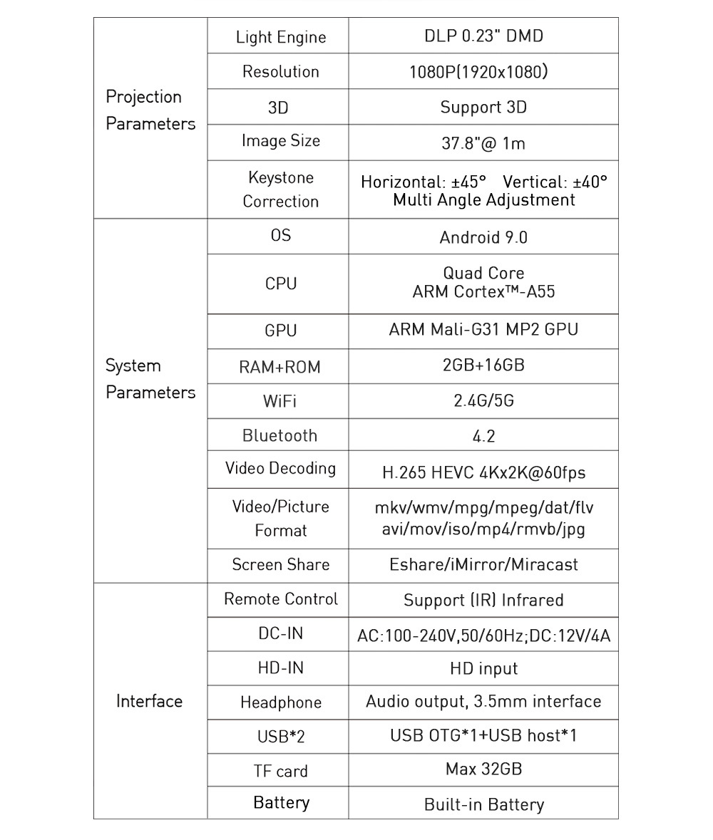 Flyin P12 1080P Max 4K Mini Projector 9000mAh Battery Outdoor Video 400 ANSI Lumens Android 9 2GB/16GB DLP Link 3D Proyector