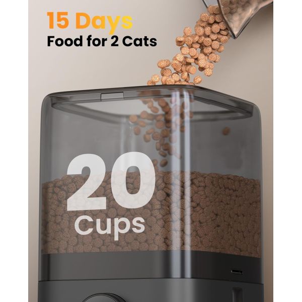Smart pet feeder side view showing food storage capacity