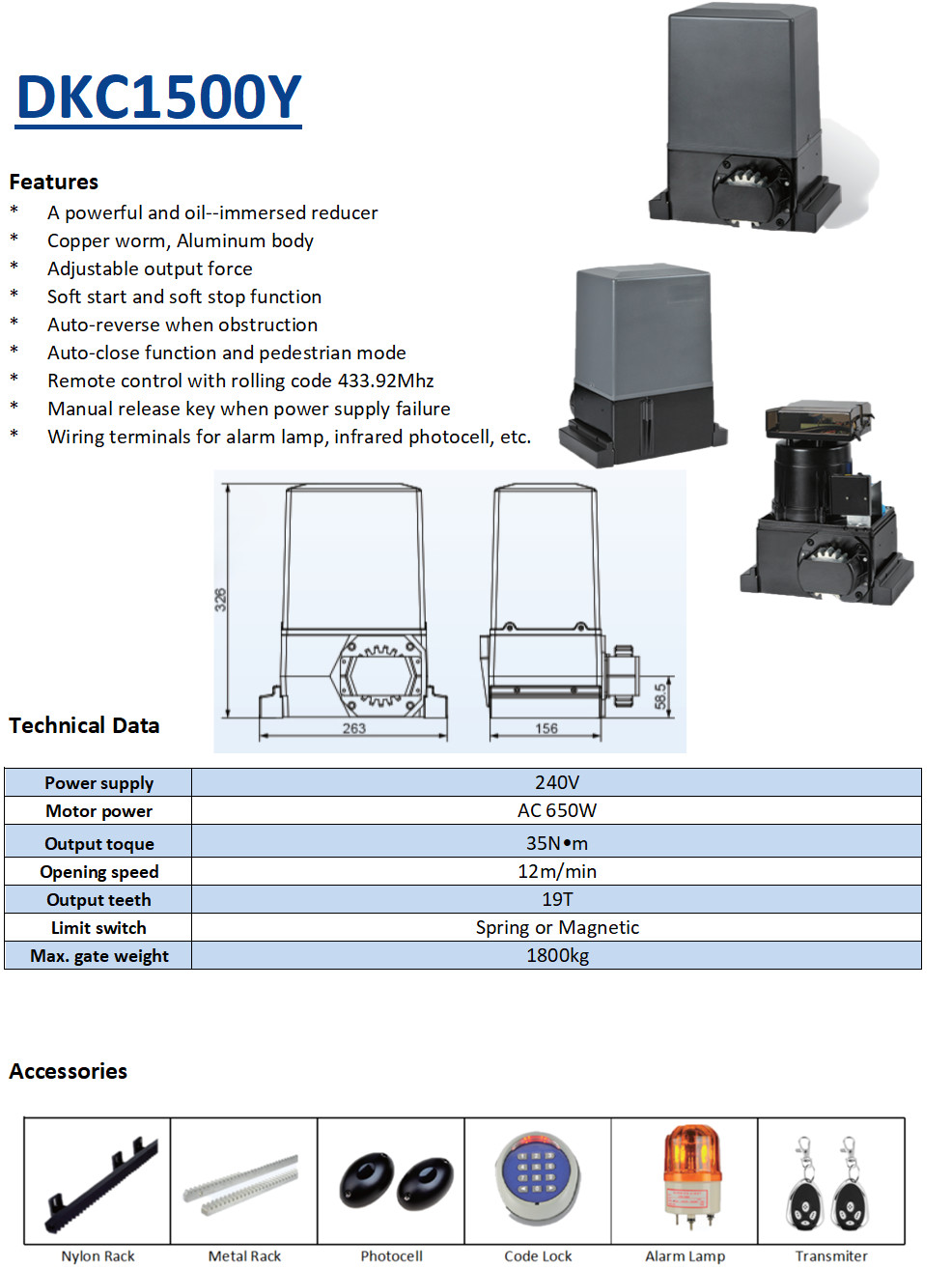 DKC1500Y Sliding Gate Operator Sliding Door Opener