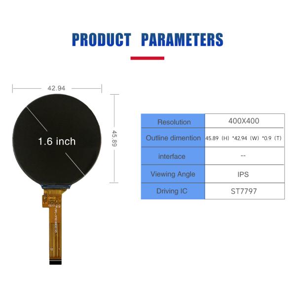 1.6 Inch Circular TFT LCD Module MIPI 400x400 Resolution IC ST7797