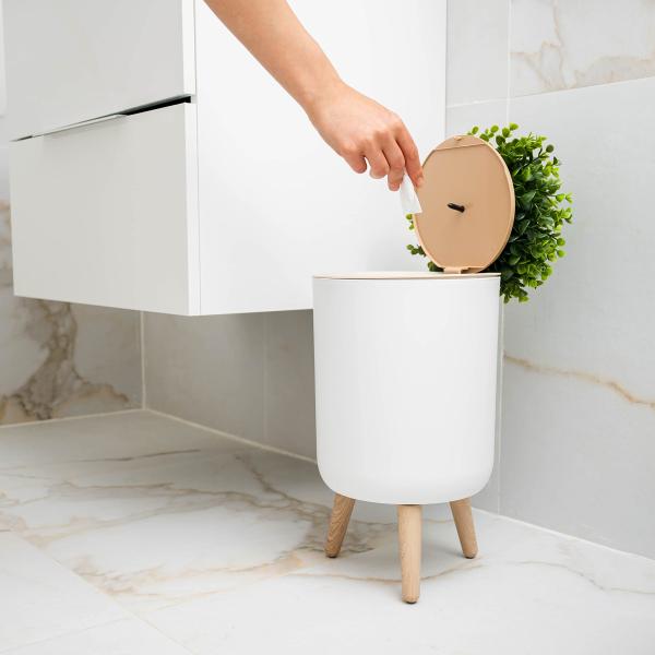Trash Can Household Push-type Multi-functional Wood Grain Bucket Bathroom Office Paper Basket Garbage Can with Plant Style Lid