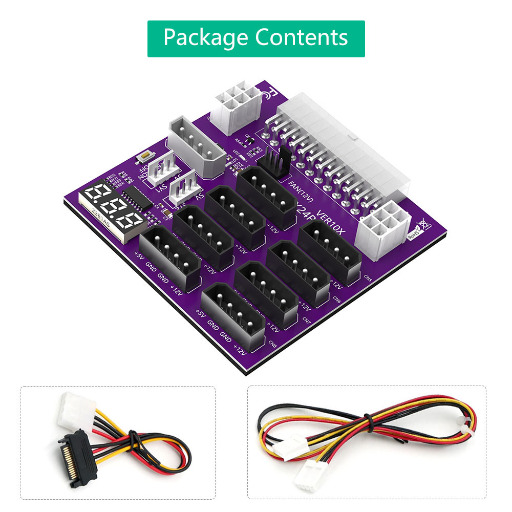 Computer Power Supply ATX 24Pin to 8 x IDE Molex 4Pin and 2 ATX 6Pin Power Connector Breakout Board for CHIA Hard Disk