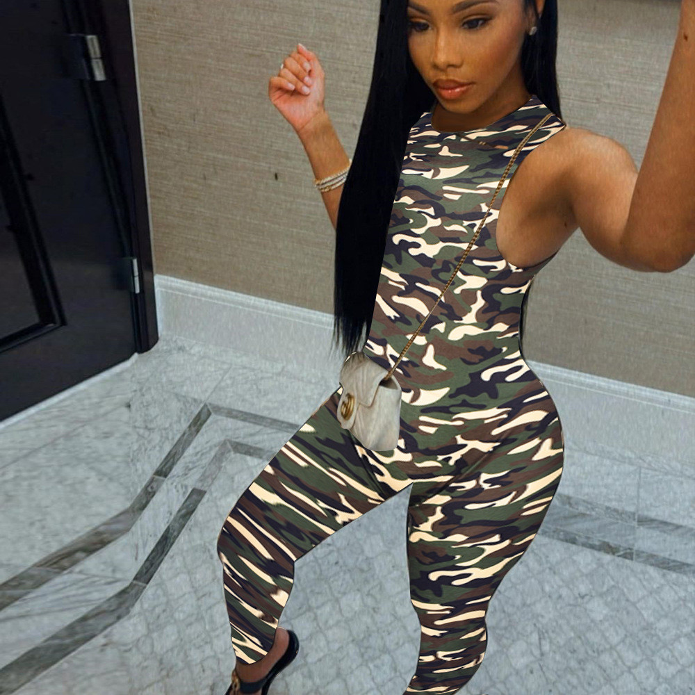Skinny Tight Nude Camo Print Backless Yoga Jumpsuit With Scrunch
