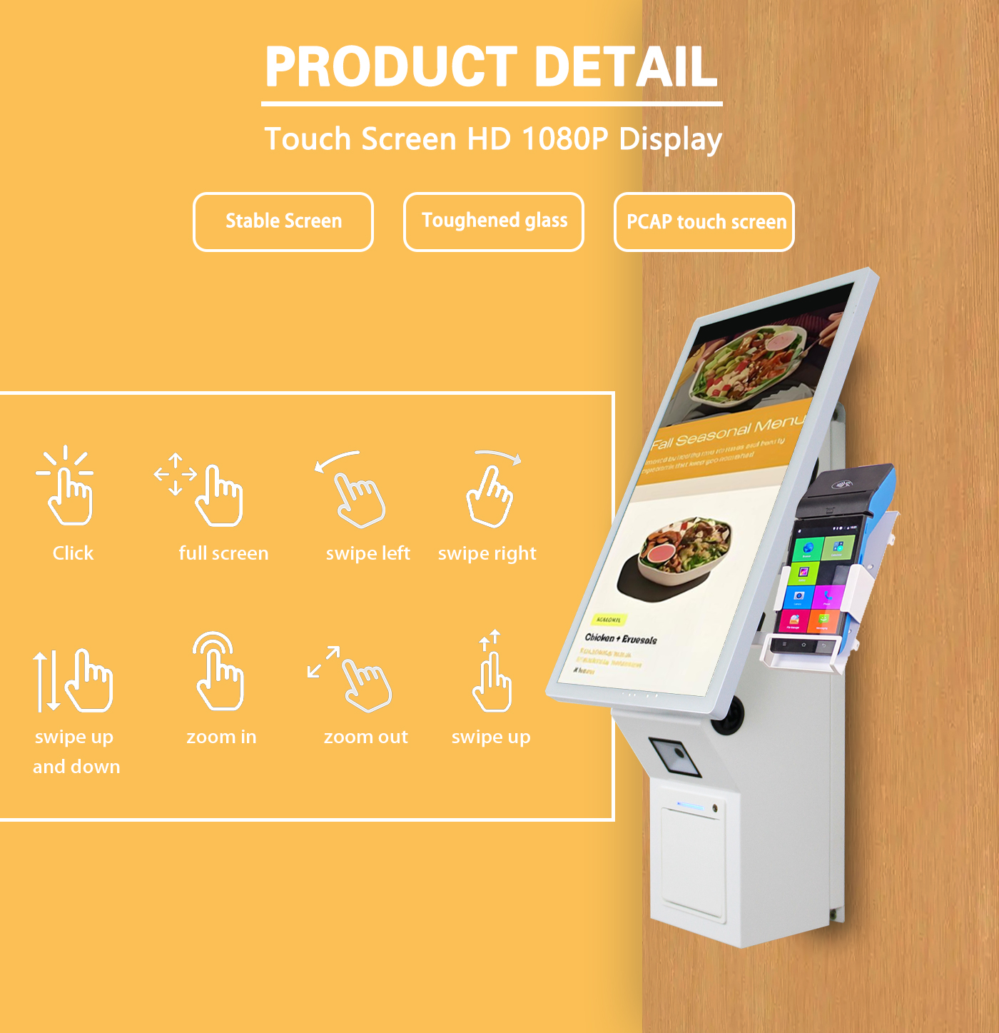 Restaurant Wall mounted Self-service Payment Kiosk 21.5" Android 11.0 Touch Screen - All-in-One with Thermal Printer & QR Scanner