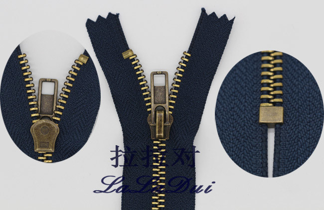 Closed End 7 Inch Gold Metal Zipper , Flame Retardant Vintage Metal Zippers