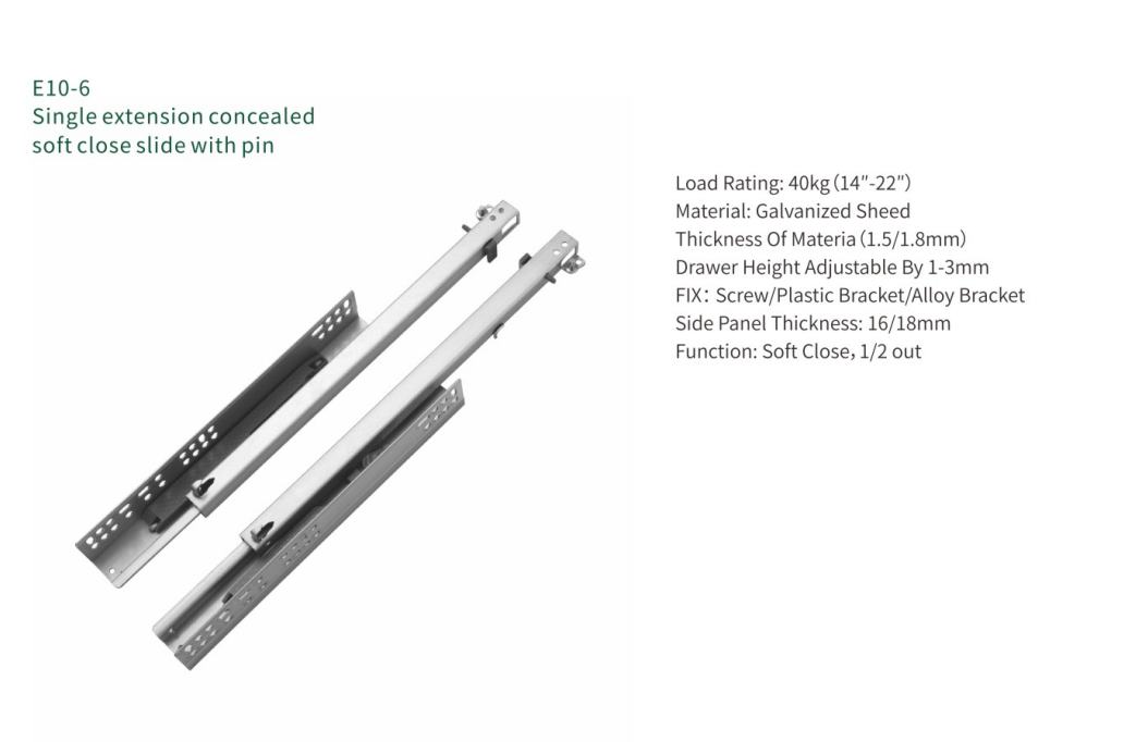 Telescopic Single Extension Soft Closing Slide Concealed with Pin