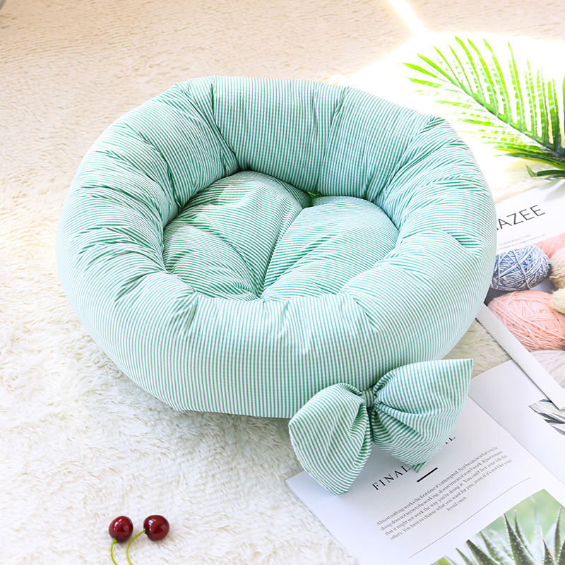Cute Bows Stripes Dog Beds Cotton Flocked Round Pet Cushion