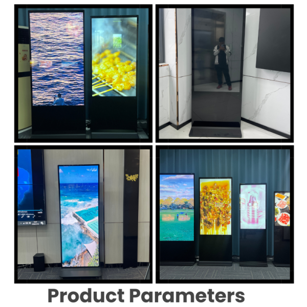 Real-world installation photos showing dual vertical digital signage kiosks running dynamic video and food displays in commercial setting