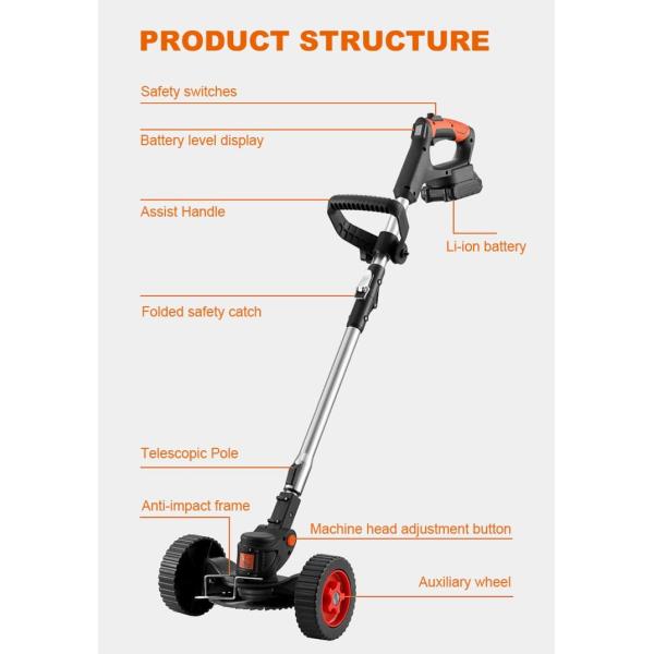 2000mAh Battery Operated Weed Eater , Anti Slip Cordless String Trimmer With Wheels