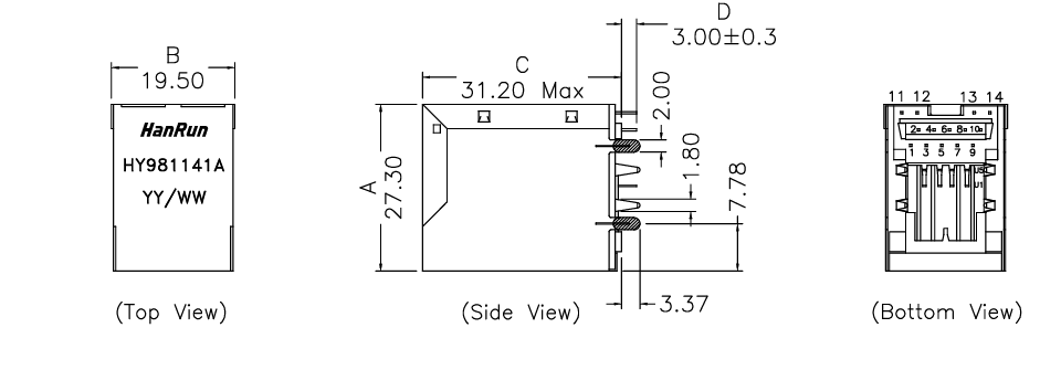 HY981141A Dual USB + RJ45 Integrated Connectors Cross LPJU5202BONL