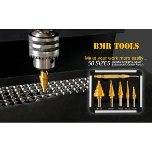 5PCS HSS Titanium Step Drill Bit Set with Automatic Center Punch and Multiple
