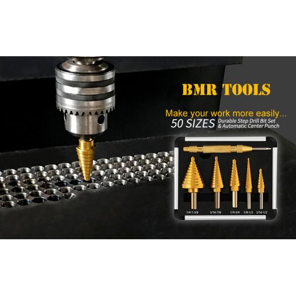 5PCS HSS Titanium Step Drill Bit Set with Automatic Center Punch and Multiple