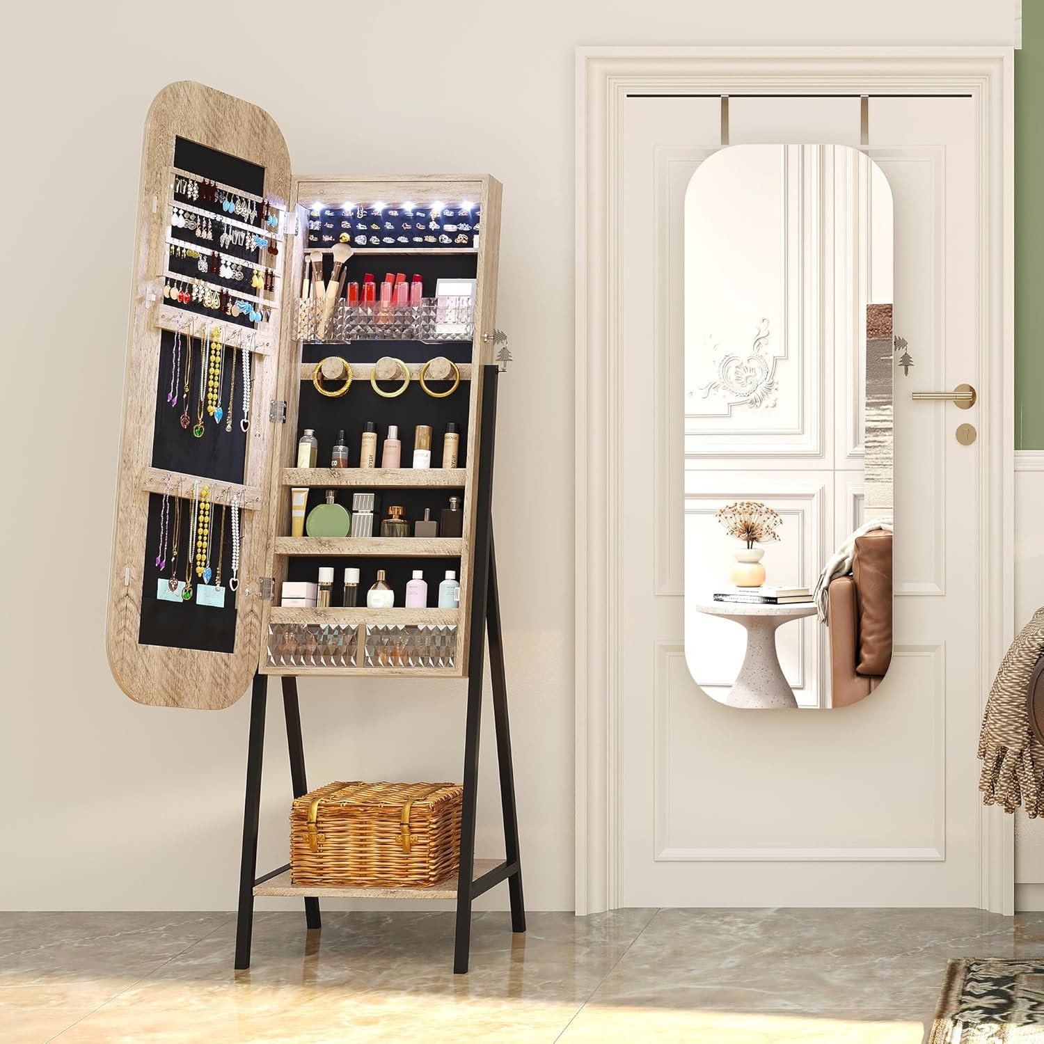 Modern Jewelry Armoire Mirror with LED Lights and Storage