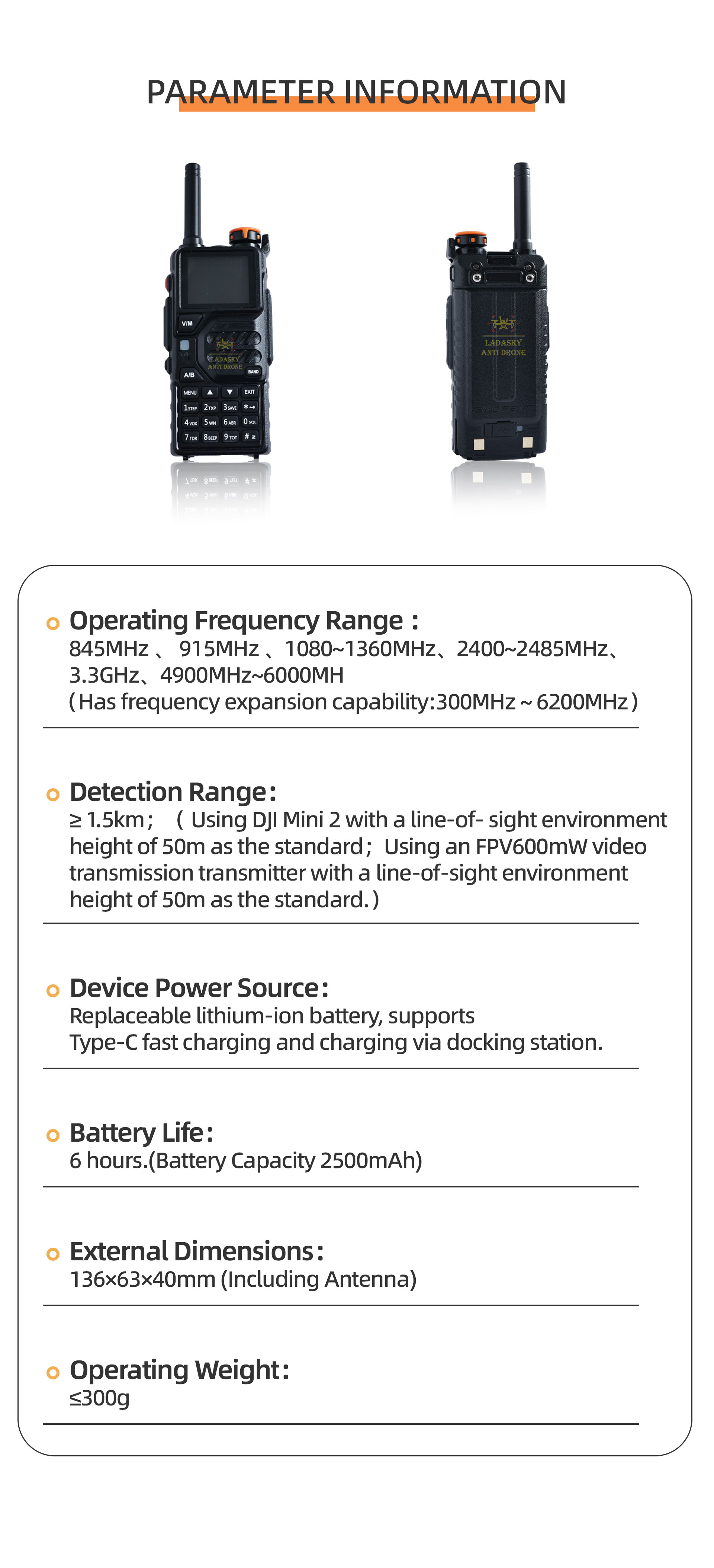 Wearable Drone Detection Device with 5000mAh Battery and Full Band Antenna 300MHz-6000MHz 7