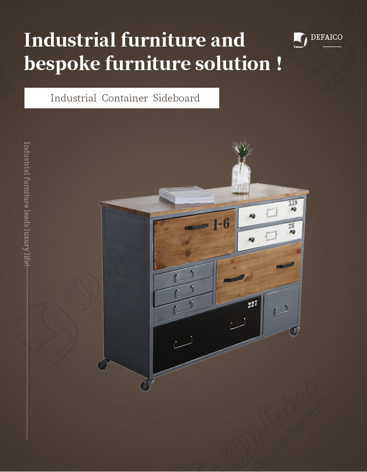 Wood Drawer Retro Shipping Container Table Iron Frame Cabinet With Casters
