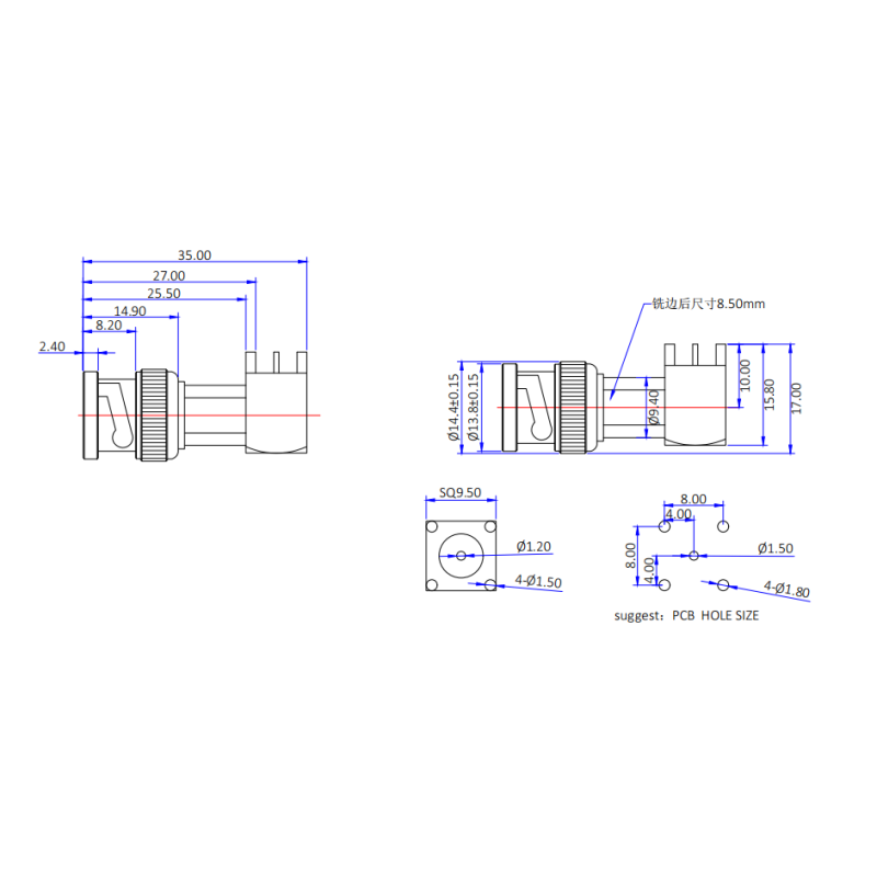 BNC Male Right Angle PCB Mount RF Connector 50Ω for DC to 4GHz Applications