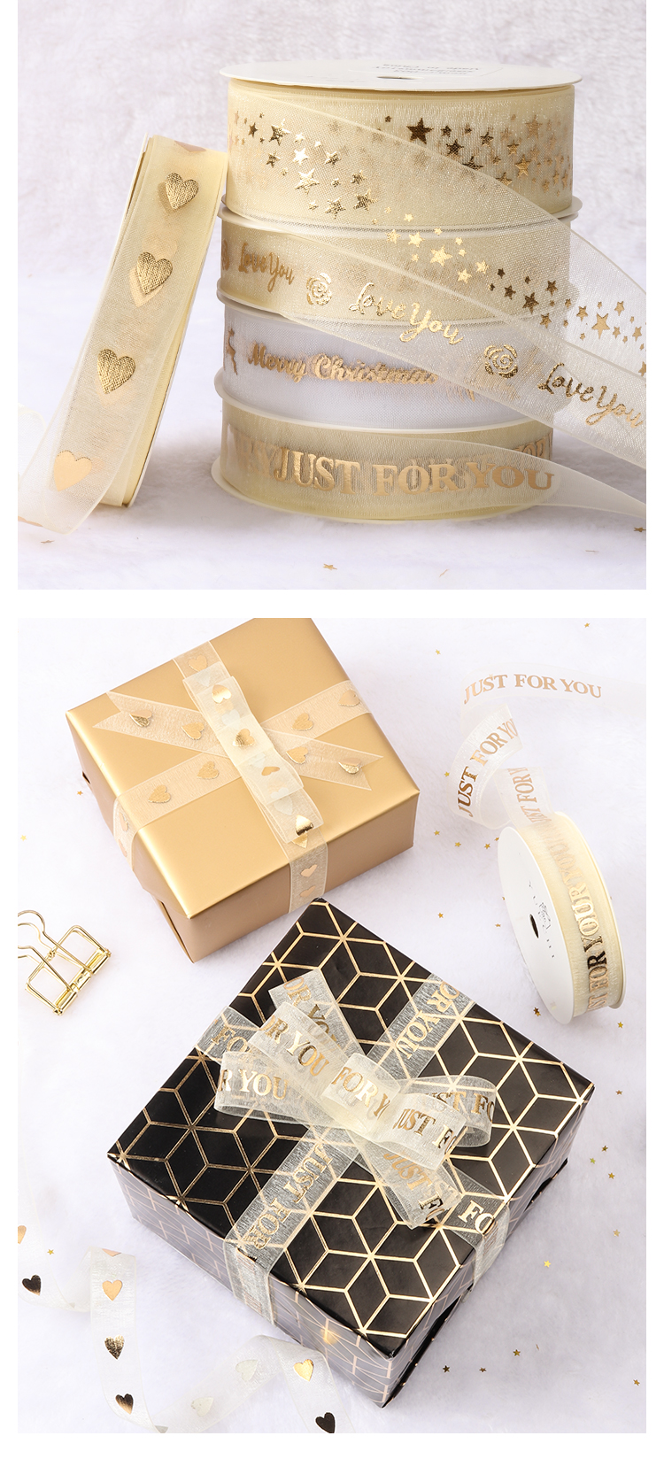 Christmas deer printing snow yarn band for gift packing Transparent organza gift ribbon