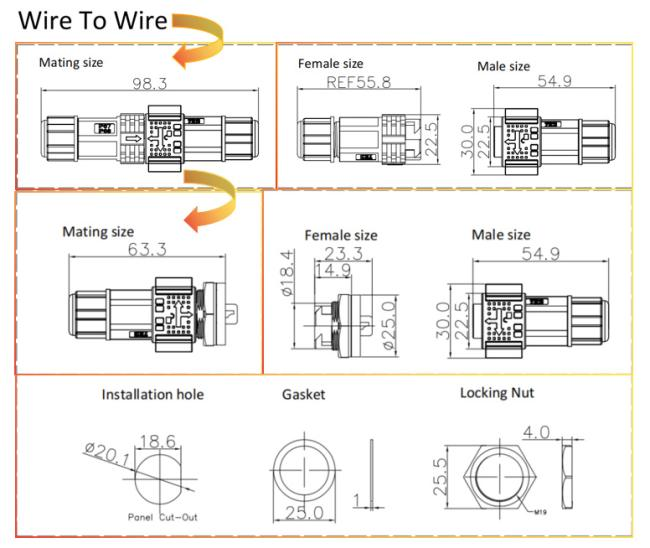 M16 2+4 Pin Waterproof Connector technical design diagram