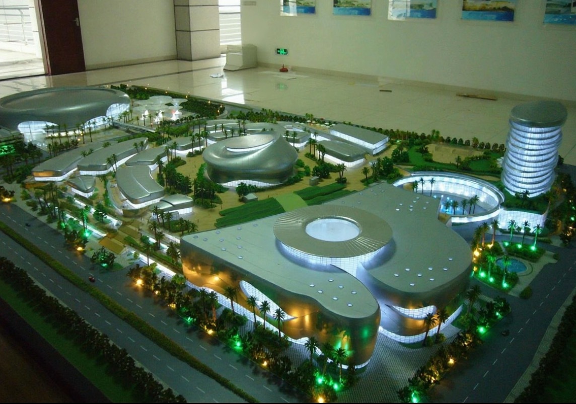Architectural Model of a Modern Sports Stadium with LED Lighting and Detailed Landscaping for Exhibitions