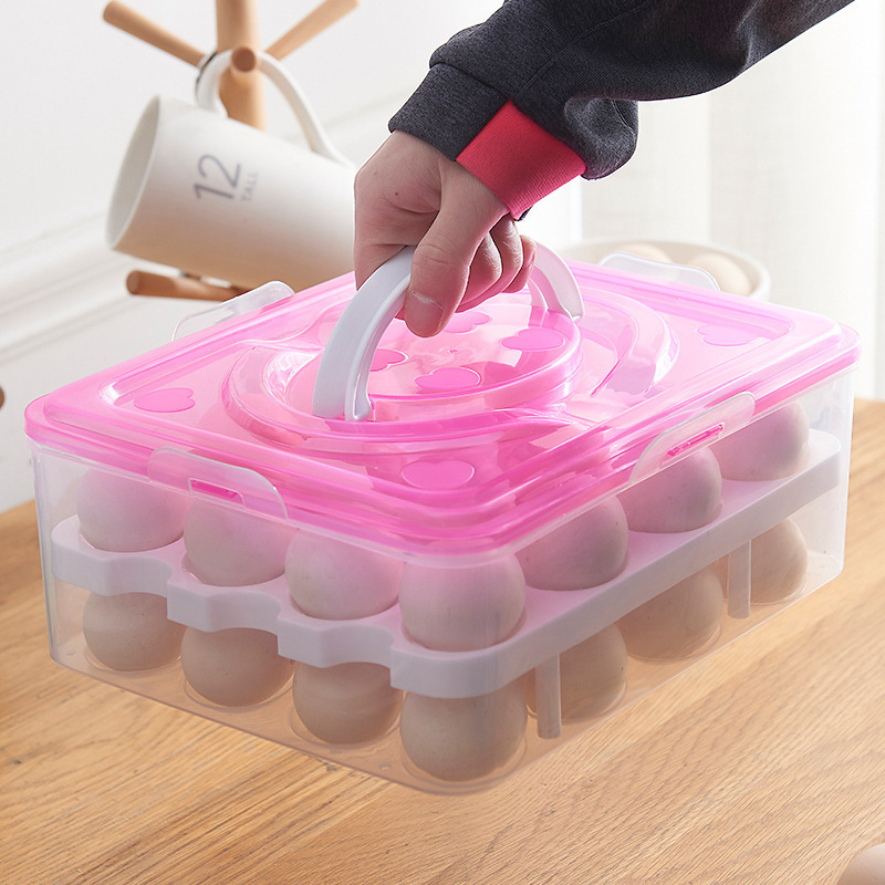 Hot Sell Portable Double Layers Plastic Egg Box Dust-proof Egg Storage Box Egg Holder with Handle in Refrigerators