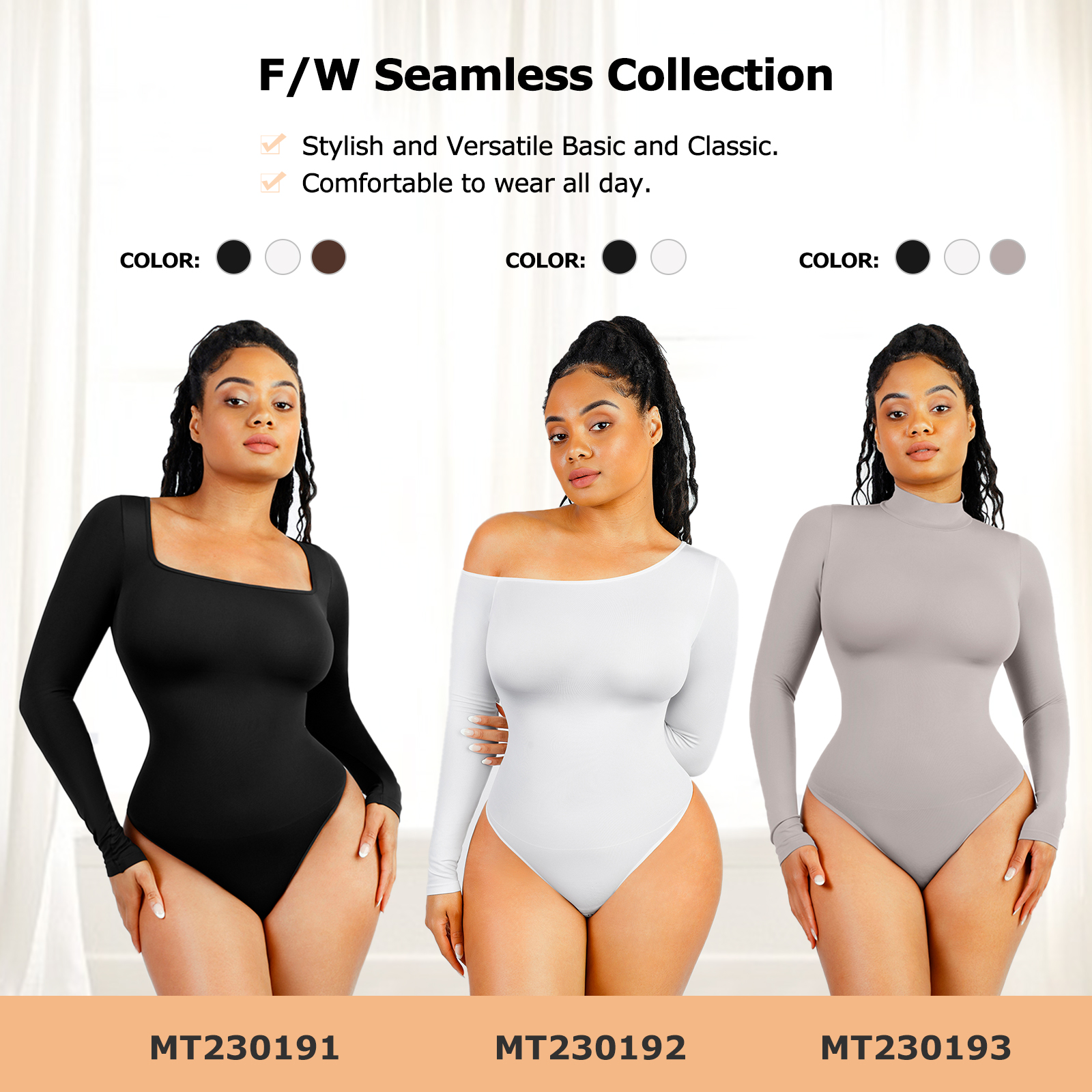 Women's Knitting Fabric Long Sleeve Bodysuit with Tummy Control and Diagonal Neck