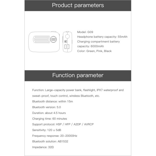 Bluetooth 5.0 True Wireless Earbuds G09 New Tws Ipx7 Waterproof Wireless Headphone (Dual USB 5000mAh power bank charging Case, support Android Type-C