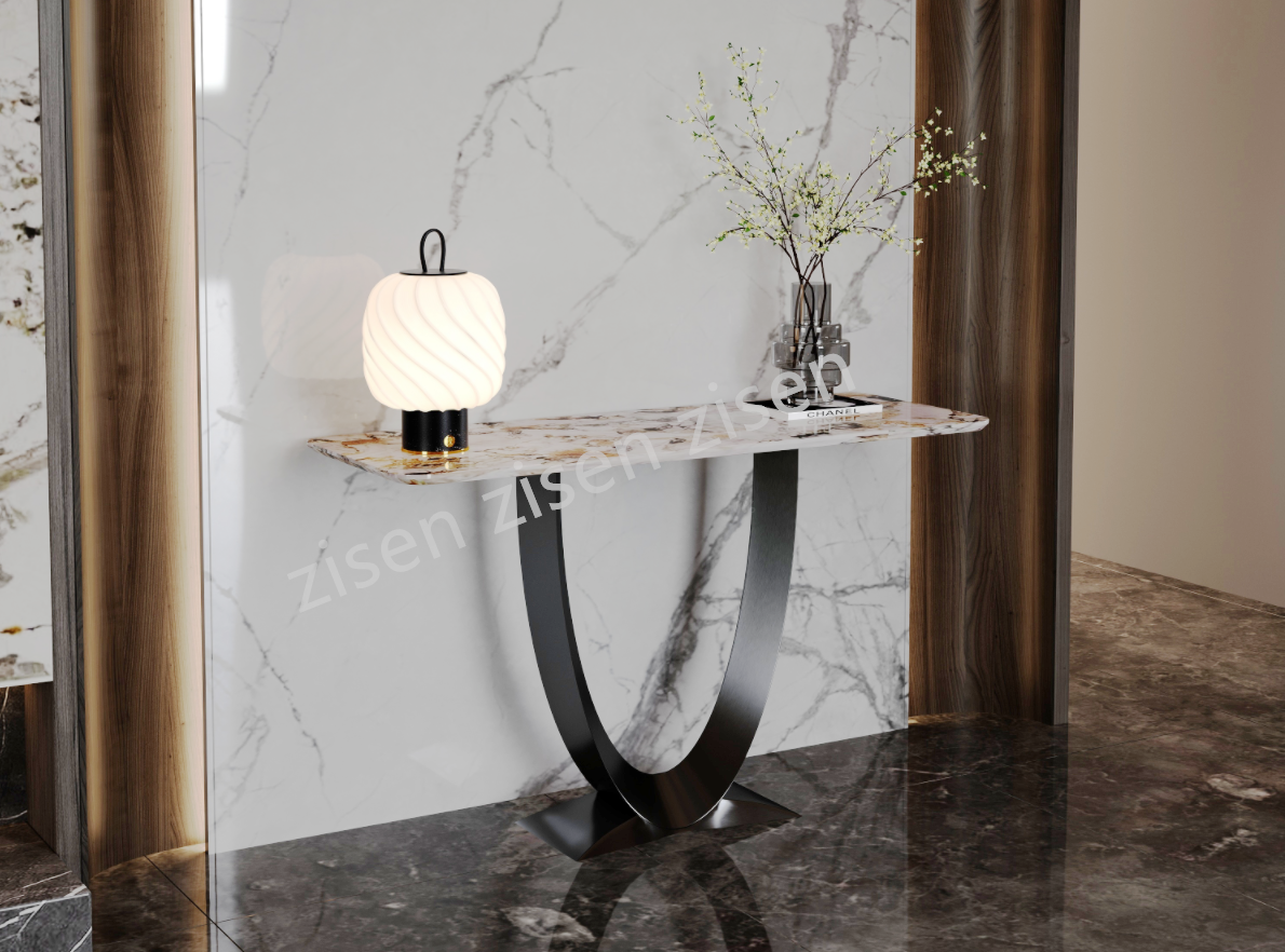 Luxurious Light Ceramic White Marble Top Console Table Oval Hollow Base