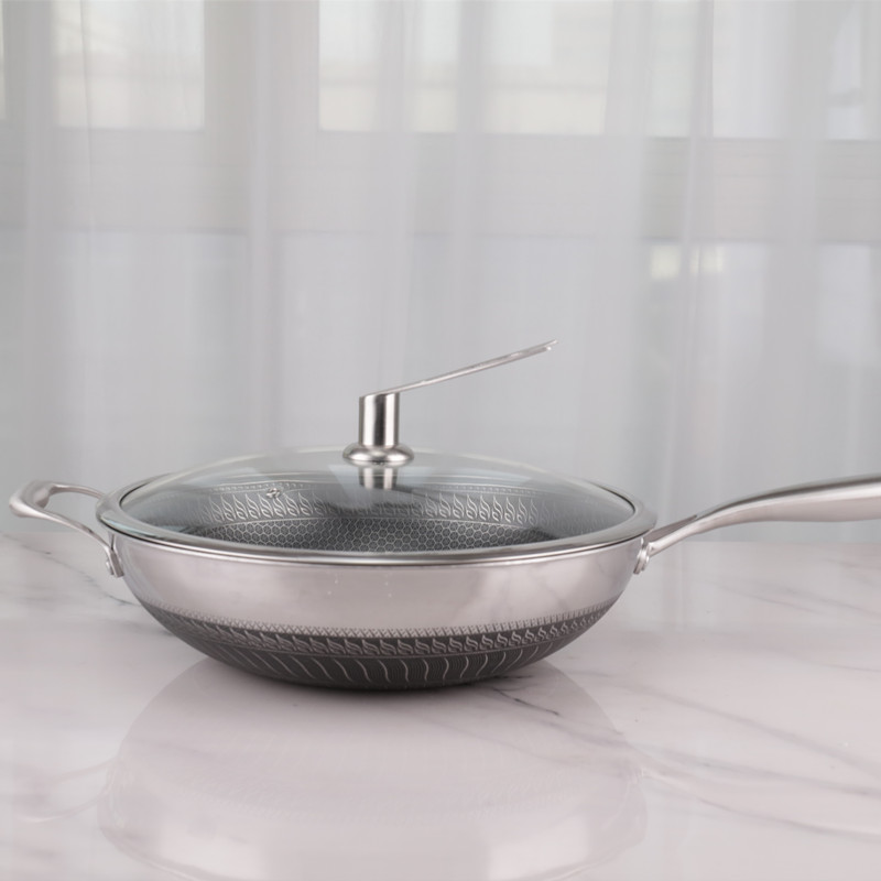 Nonstick Stovetop Frying Pan Stainless Steel 32cm Honeycomb With Lid