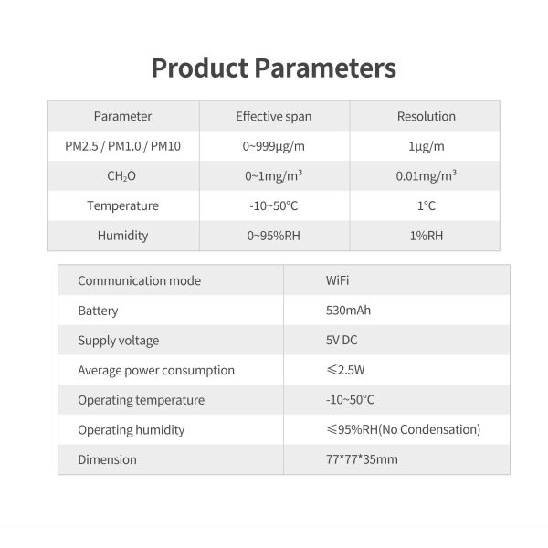 530mah WiFi Air Quality Sensor TFT Screen 77*77*35mm Tuya Smart Life
