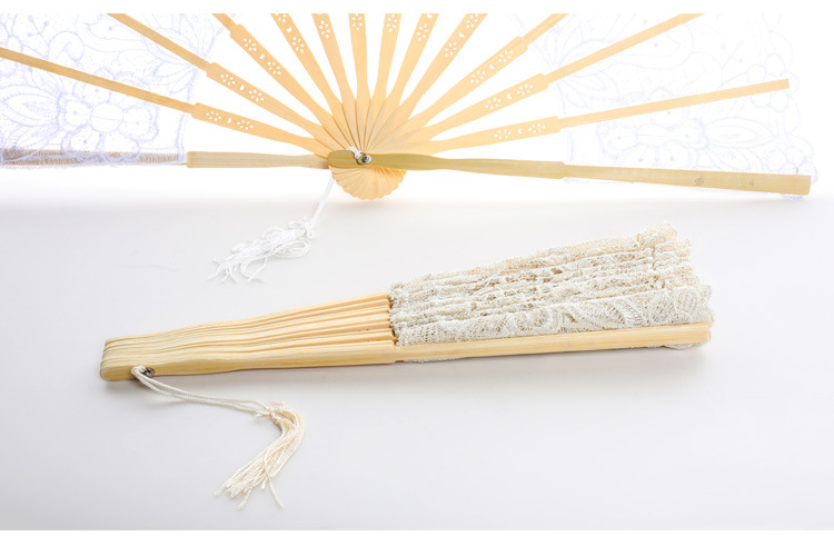 Y-Z Vintage Wedding Lace Bamboo Folding Fan Hollow Cotton and Linen Dance Bride Tassel Big Hand Fans