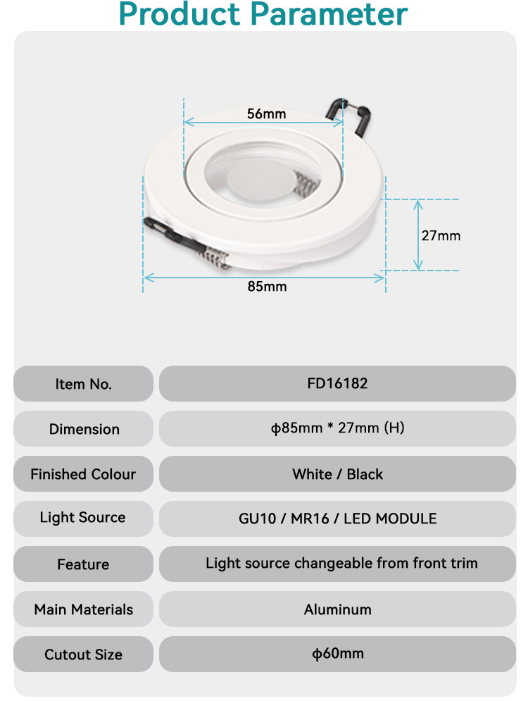 Recessed Downlight Housing MR16 GU10 With 60mm Hole Die-cast Aluminum Round Frame IP44 Spotlight