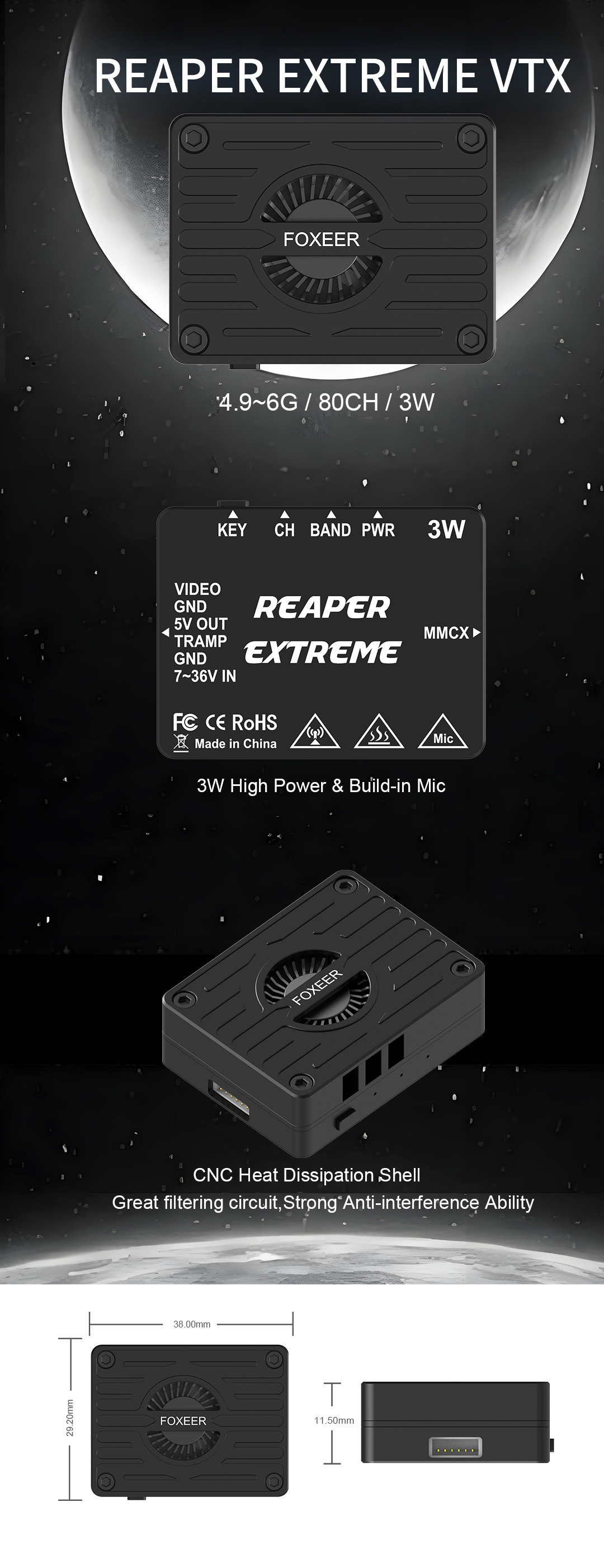 Foxeer Reaper 3W 80CH VTx Video Transmitter 4.9~6G High Power Remote Control Built-in Mic for RC Drones Kits Security Protection
