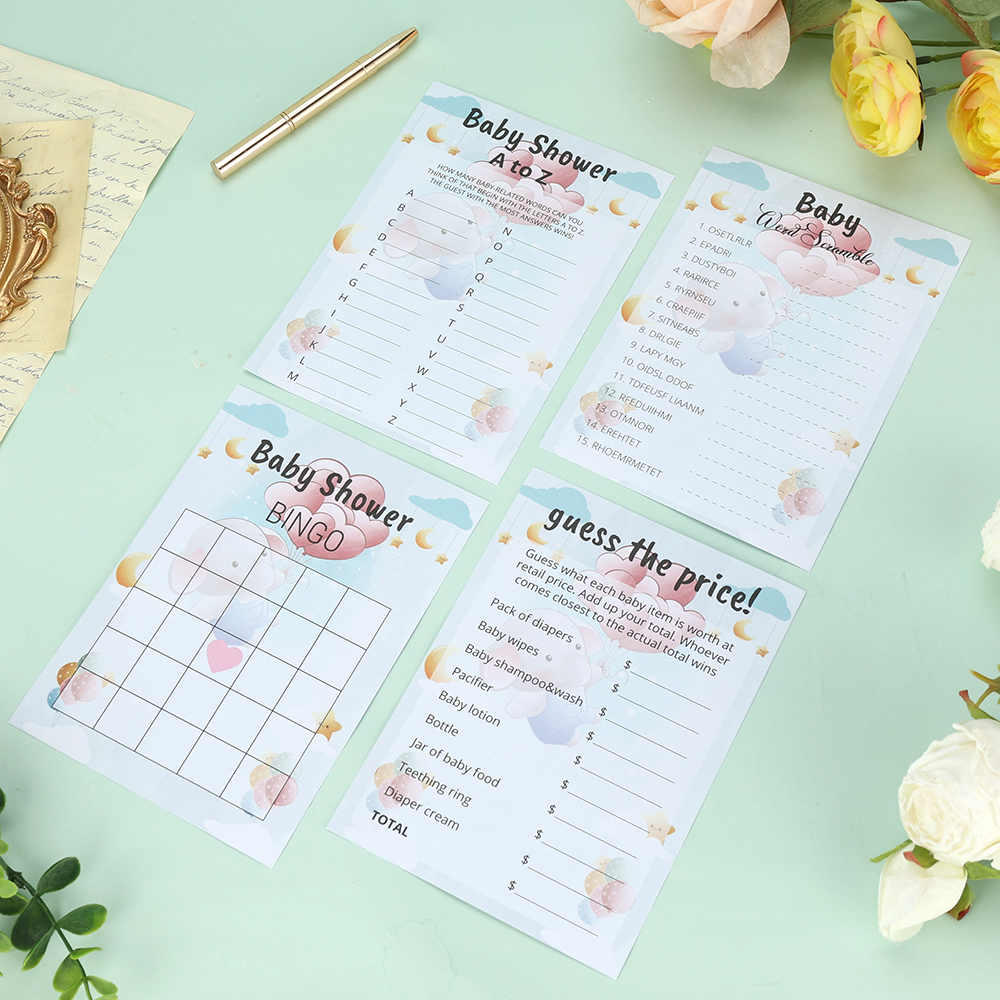 Custom 4 Games Baby Shower Game Cards CMYK Paper Perfect for A to Z and Word Scramble