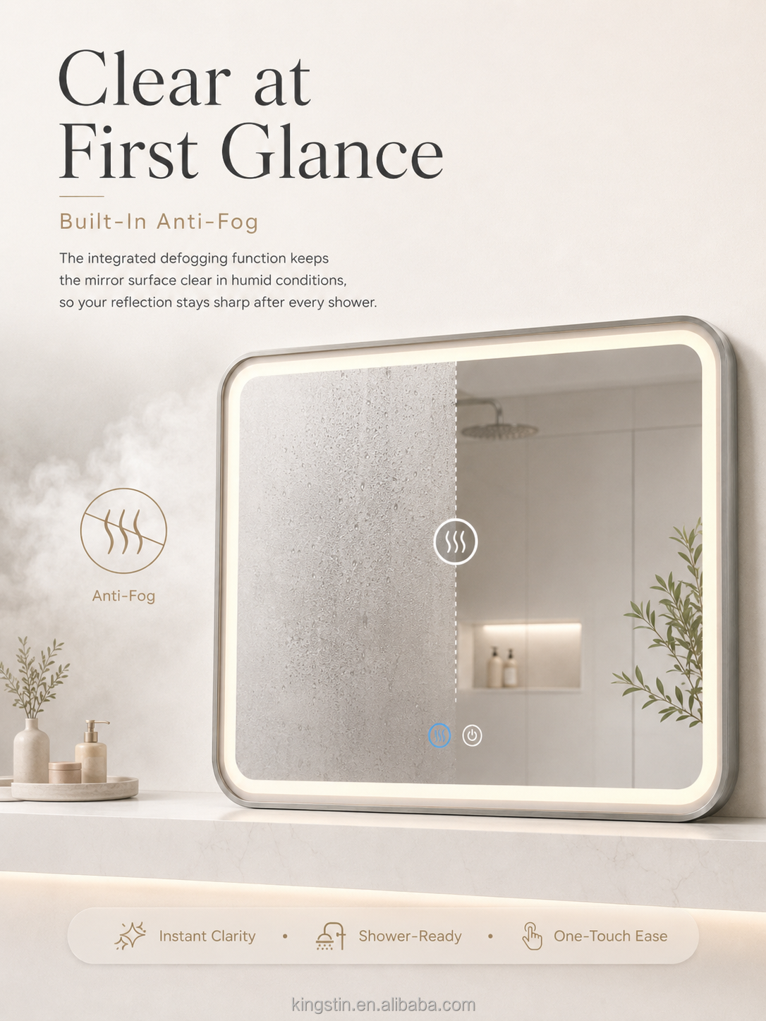Kingstin Rectangular LED Bathroom Mirror, Dimmable 3-Color, Anti-Fog, Custom Size Metal Frame Smart Vanity Mirror