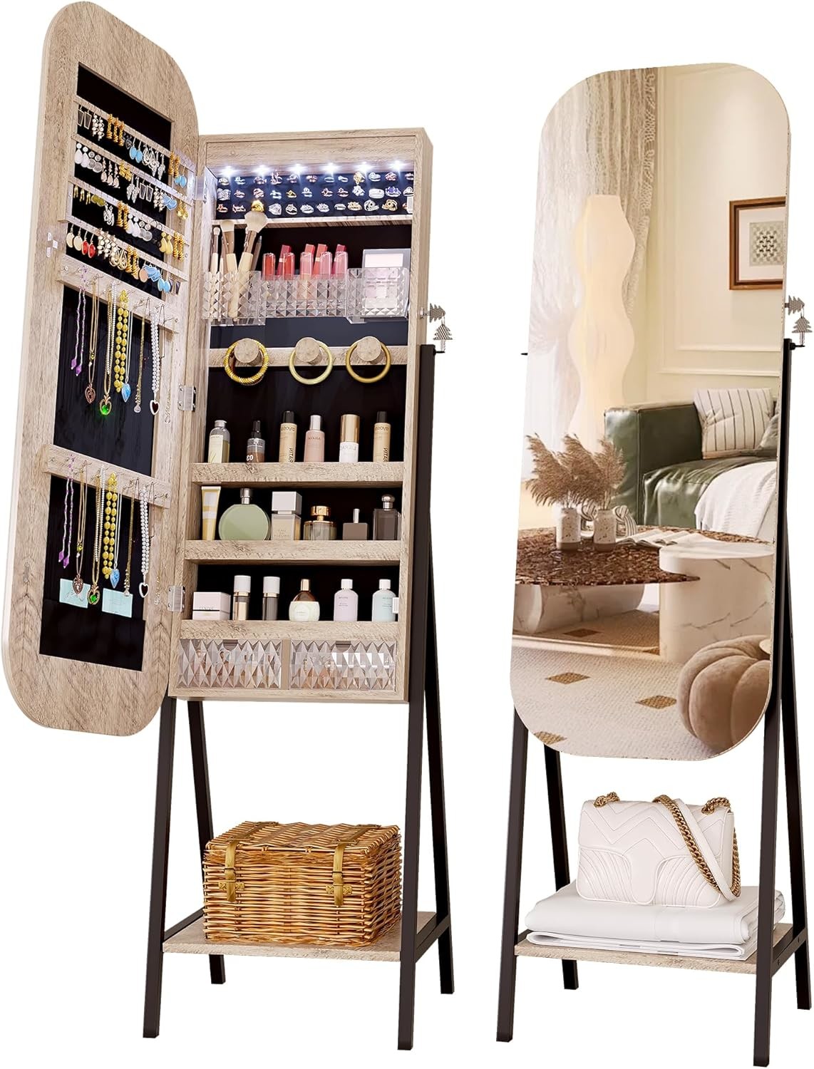 Modern Jewelry Armoire Mirror with LED Lights and Storage
